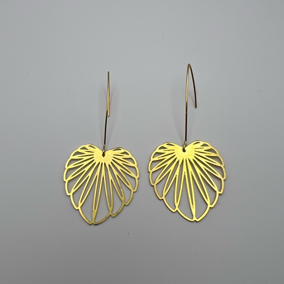Gold Delicate Leaf Earrings - Long Minimalist Brass Earrings - Picture 5 of 11